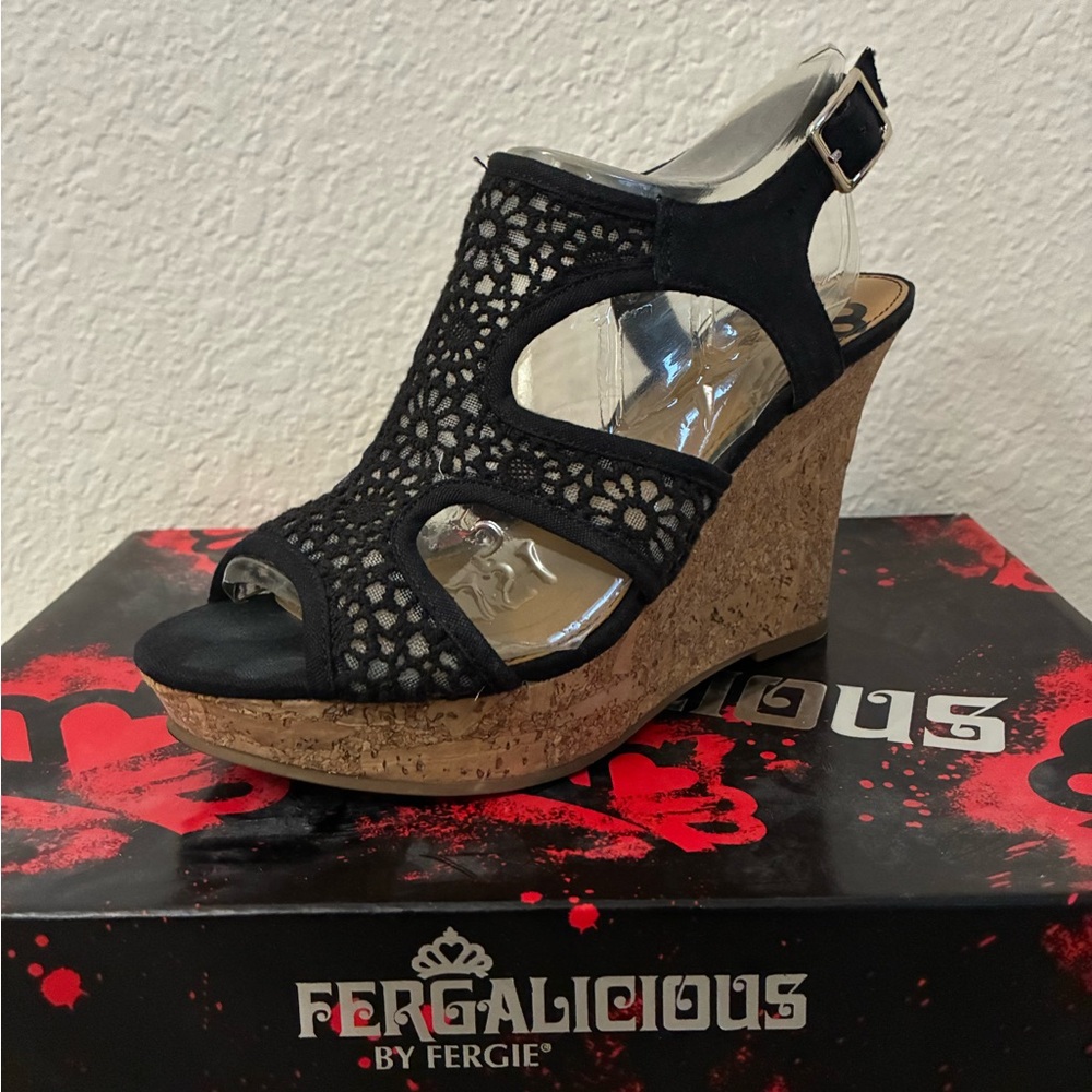 FERGALICIOUS Black Lace Wedges - Picture 5 of 7